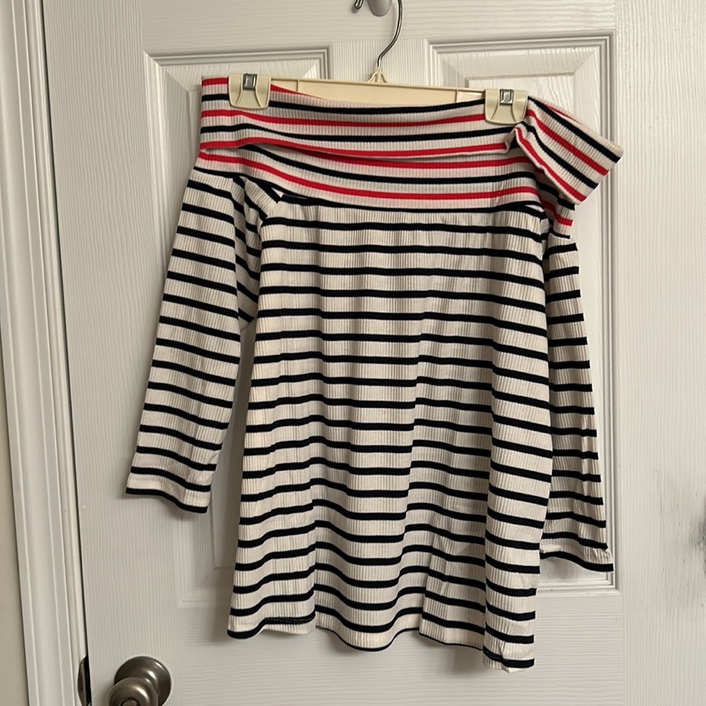 Castaluna Cream Blue Stripes Off Shoulder Cotton-blend Shirt Size 14/16